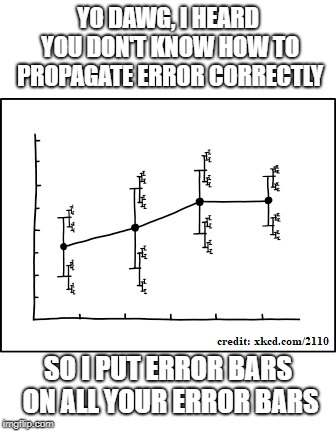 Graph of the popularity of the Xzibit meme in my head | YO DAWG, I HEARD YOU DON'T KNOW HOW TO PROPAGATE ERROR CORRECTLY; SO I PUT ERROR BARS ON ALL YOUR ERROR BARS | image tagged in nerds | made w/ Imgflip meme maker
