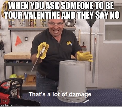 thats a lot of damage | WHEN YOU ASK SOMEONE TO BE YOUR VALENTINE AND THEY SAY NO | image tagged in thats a lot of damage | made w/ Imgflip meme maker
