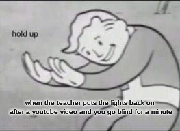 Fallout Hold Up | when the teacher puts the lights back on after a youtube video and you go blind for a minute | image tagged in fallout hold up | made w/ Imgflip meme maker