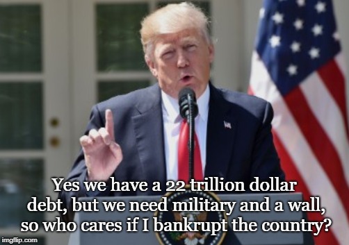 Futile Logic | Yes we have a 22 trillion dollar debt, but we need military and a wall, so who cares if I bankrupt the country? | image tagged in donald trump,wall,military,debt,illogical,tyrant | made w/ Imgflip meme maker