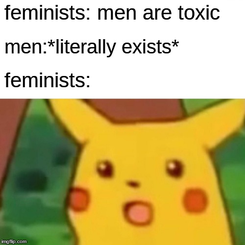 Surprised Pikachu | feminists: men are toxic; men:*literally exists*; feminists: | image tagged in memes,surprised pikachu | made w/ Imgflip meme maker