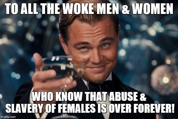 Leonardo Dicaprio Cheers Meme | TO ALL THE WOKE MEN & WOMEN; WHO KNOW THAT ABUSE & SLAVERY OF FEMALES IS OVER FOREVER! | image tagged in memes,leonardo dicaprio cheers | made w/ Imgflip meme maker