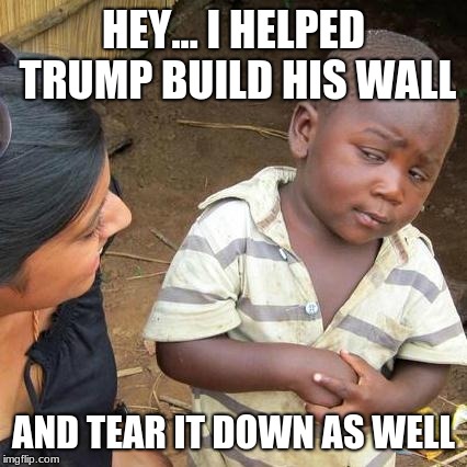 Third World Skeptical Kid | HEY... I HELPED TRUMP BUILD HIS WALL; AND TEAR IT DOWN AS WELL | image tagged in memes,third world skeptical kid | made w/ Imgflip meme maker