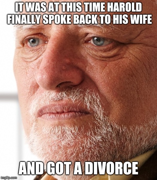 He finally did it but he's getting the short end of the stick | IT WAS AT THIS TIME HAROLD FINALLY SPOKE BACK TO HIS WIFE; AND GOT A DIVORCE | image tagged in dissapointment,memes,hide the pain harold,divorce,marital dispute | made w/ Imgflip meme maker