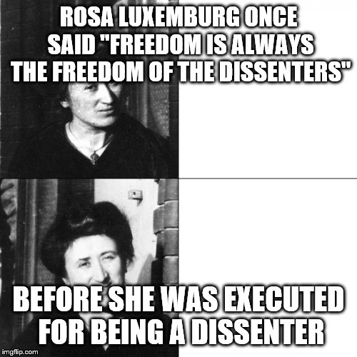 ROSA LUXEMBURG ONCE SAID "FREEDOM IS ALWAYS THE FREEDOM OF THE DISSENTERS"; BEFORE SHE WAS EXECUTED FOR BEING A DISSENTER | image tagged in rosa luxemburg | made w/ Imgflip meme maker