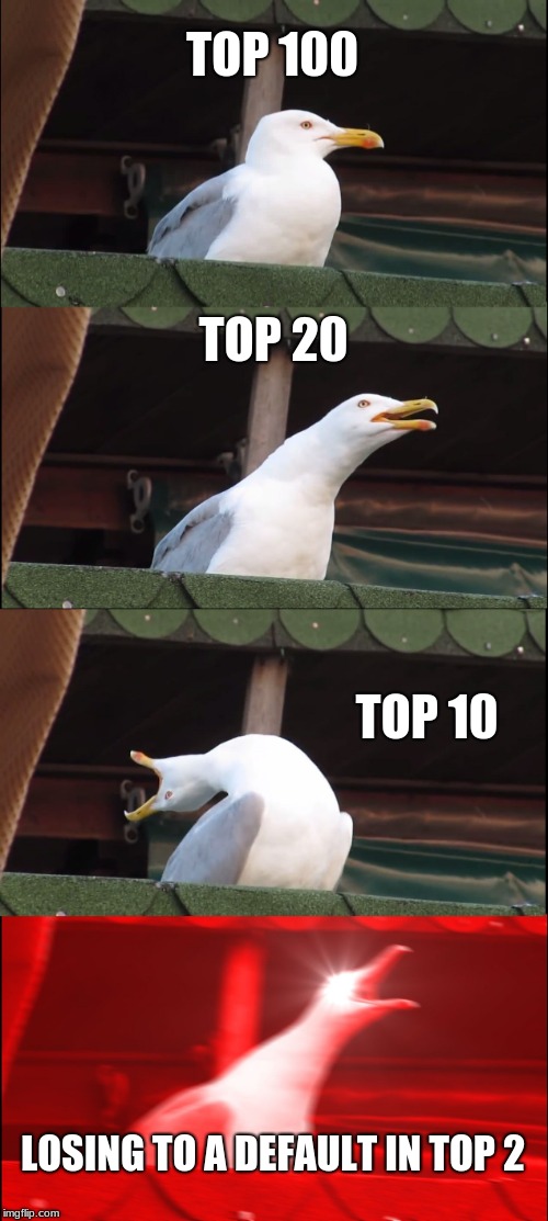 Inhaling Seagull Meme | TOP 100; TOP 20; TOP 10; LOSING TO A DEFAULT IN TOP 2 | image tagged in memes,inhaling seagull | made w/ Imgflip meme maker