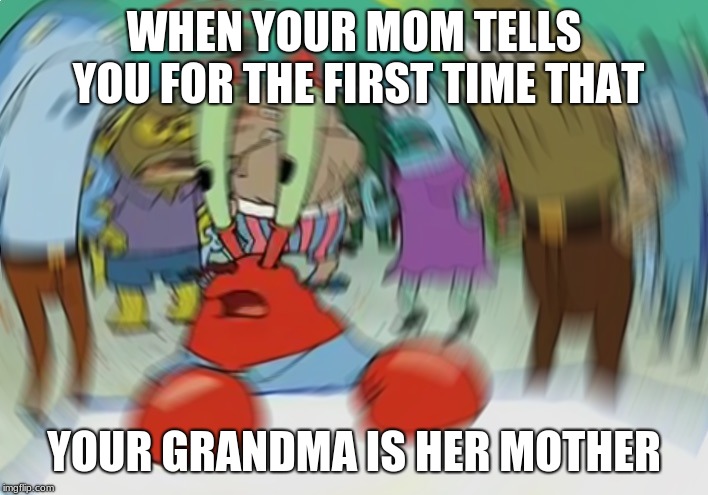 Mr Krabs Blur Meme Meme | WHEN YOUR MOM TELLS YOU FOR THE FIRST TIME THAT; YOUR GRANDMA IS HER MOTHER | image tagged in memes,mr krabs blur meme | made w/ Imgflip meme maker