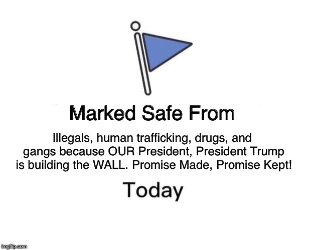 Marked Safe From | Illegals, human trafficking, drugs, and gangs because OUR President, President Trump is building the WALL. Promise Made, Promise Kept! | image tagged in marked safe from facebook meme template | made w/ Imgflip meme maker