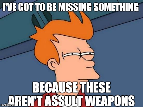 Futurama Fry Meme | I'VE GOT TO BE MISSING SOMETHING BECAUSE THESE AREN'T ASSULT WEAPONS | image tagged in memes,futurama fry | made w/ Imgflip meme maker