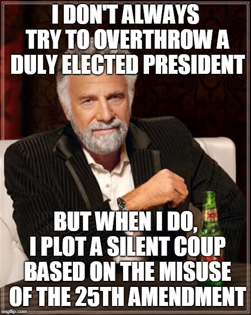Clintonista Cabal | I DON'T ALWAYS TRY TO OVERTHROW A DULY ELECTED PRESIDENT; BUT WHEN I DO, I PLOT A SILENT COUP BASED ON THE MISUSE OF THE 25TH AMENDMENT | image tagged in coup d'etat,andrew mccabe,rob rosenstein,james comey,25th amendment,us constitution | made w/ Imgflip meme maker