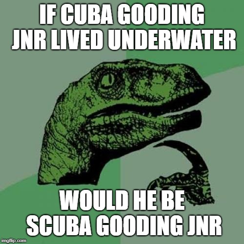 Philosoraptor Meme | IF CUBA GOODING JNR LIVED UNDERWATER; WOULD HE BE SCUBA GOODING JNR | image tagged in memes,philosoraptor | made w/ Imgflip meme maker