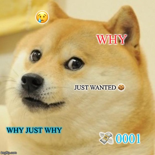 Doge Meme | 😢; WHY; JUST WANTED 🍪; WHY JUST WHY; 💸 0001 | image tagged in memes,doge | made w/ Imgflip meme maker