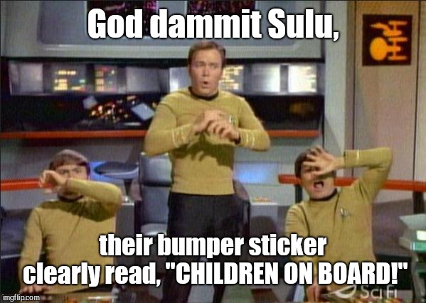 Star Trek Gasp | God dammit Sulu, their bumper sticker clearly read, "CHILDREN ON BOARD!" | image tagged in star trek gasp | made w/ Imgflip meme maker