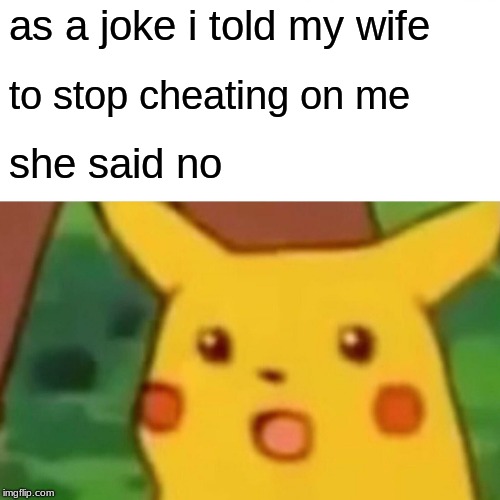 Surprised Pikachu | as a joke i told my wife; to stop cheating on me; she said no | image tagged in memes,surprised pikachu | made w/ Imgflip meme maker