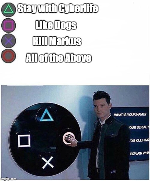 Detroit become human | Stay with Cyberlife; Like Dogs; Kill Markus; All of the Above | image tagged in detroit become human | made w/ Imgflip meme maker