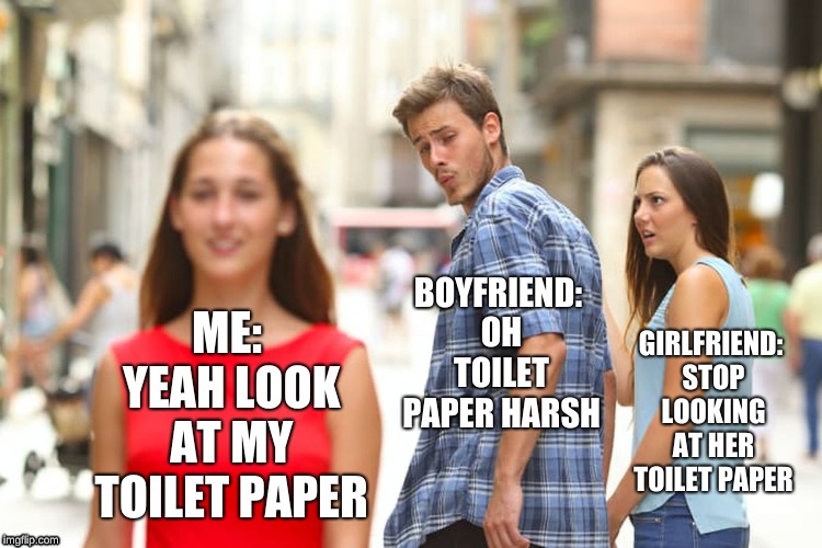 Distracted Boyfriend Meme | ME: YEAH LOOK AT MY TOILET PAPER; BOYFRIEND: OH TOILET PAPER HARSH; GIRLFRIEND: STOP LOOKING AT HER TOILET PAPER | image tagged in memes,distracted boyfriend | made w/ Imgflip meme maker