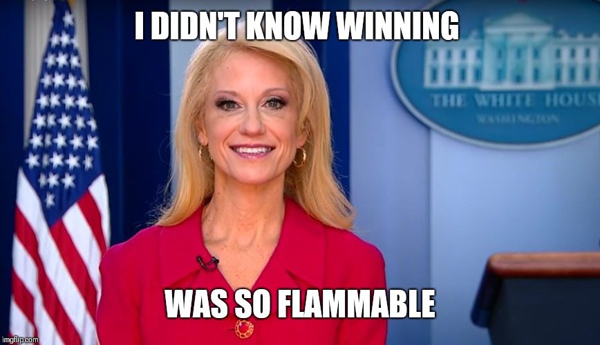 Kelly Ann Conway | I DIDN'T KNOW WINNING WAS SO FLAMMABLE | image tagged in kelly ann conway | made w/ Imgflip meme maker