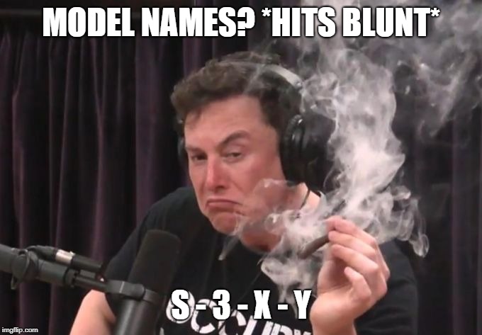 Elon Musk Smoking Weed | MODEL NAMES? *HITS BLUNT*; S - 3 - X - Y | image tagged in elon musk smoking weed,memes | made w/ Imgflip meme maker