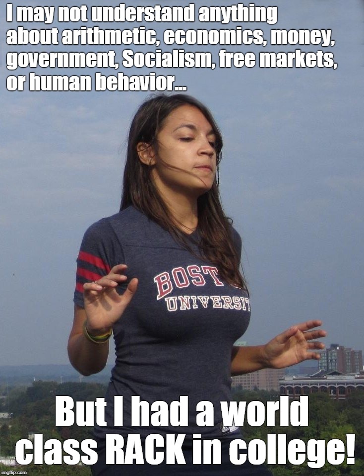 So I got that going for me, which is nice... | I may not understand anything about arithmetic, economics, money, government, Socialism, free markets, or human behavior... But I had a world class RACK in college! | image tagged in ocasio-cortez in college,blunder woman | made w/ Imgflip meme maker