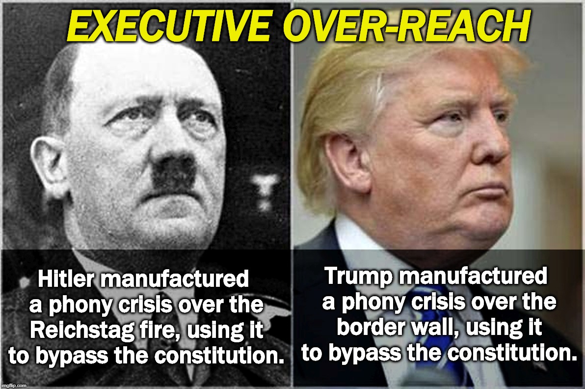 EXECUTIVE OVER-REACH; Trump manufactured a phony crisis over the border wall, using it to bypass the constitution. Hitler manufactured a phony crisis over the Reichstag fire, using it to bypass the constitution. | image tagged in trump,hitler,crisis,reichstag,wall,phony | made w/ Imgflip meme maker