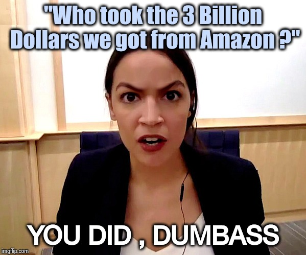 She can count to 10 if she takes her shoes off | "Who took the 3 Billion Dollars we got from Amazon ?"; YOU DID , DUMBASS | image tagged in alexandria ocasio-cortez,liberal economics,shut up and take my money fry,bartender,thinking | made w/ Imgflip meme maker