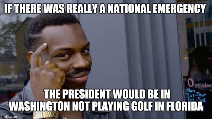 Roll Safe Think About It | IF THERE WAS REALLY A NATIONAL EMERGENCY; THE PRESIDENT WOULD BE IN WASHINGTON NOT PLAYING GOLF IN FLORIDA | image tagged in memes,roll safe think about it | made w/ Imgflip meme maker