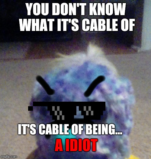 You don't know what it's cable of hatchmal | YOU DON'T KNOW WHAT IT'S CABLE OF; IT'S CABLE OF BEING... A IDIOT | image tagged in you don't know what it's cable of hatchmal | made w/ Imgflip meme maker