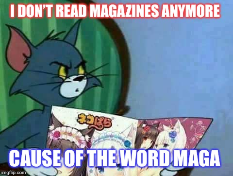 Disturbed Anime magazine Tom | I DON’T READ MAGAZINES ANYMORE; CAUSE OF THE WORD MAGA | image tagged in disturbed anime magazine tom | made w/ Imgflip meme maker