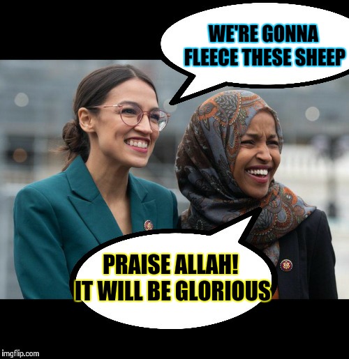 Just a couple chicks havin' fun | FLEECE THESE SHEEP; WE'RE GONNA; PRAISE ALLAH! IT WILL BE GLORIOUS | image tagged in memes,alexandria ocasio-cortez,political meme | made w/ Imgflip meme maker