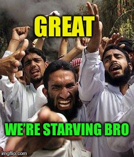 angry muslim | GREAT WE’RE STARVING BRO | image tagged in angry muslim | made w/ Imgflip meme maker