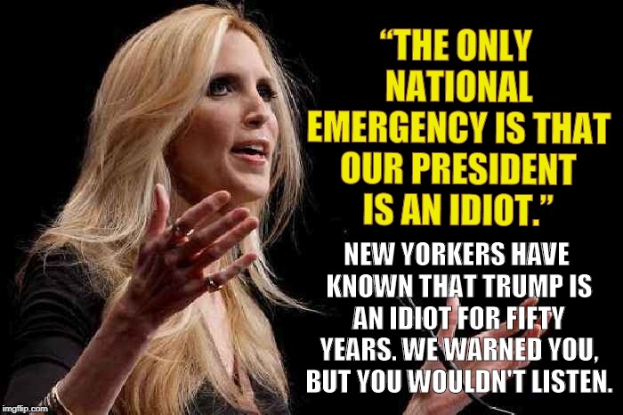 “THE ONLY NATIONAL EMERGENCY IS THAT OUR PRESIDENT IS AN IDIOT.”; NEW YORKERS HAVE KNOWN THAT TRUMP IS AN IDIOT FOR FIFTY YEARS. WE WARNED YOU, BUT YOU WOULDN'T LISTEN. | image tagged in ann coulter,trump,idiot,new york | made w/ Imgflip meme maker