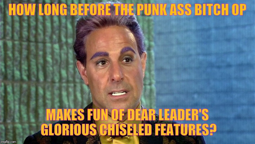 Hunger Games - Caesar Flickerman (Stanley Tucci) | HOW LONG BEFORE THE PUNK ASS B**CH OP MAKES FUN OF DEAR LEADER'S GLORIOUS CHISELED FEATURES? | image tagged in hunger games - caesar flickerman stanley tucci | made w/ Imgflip meme maker