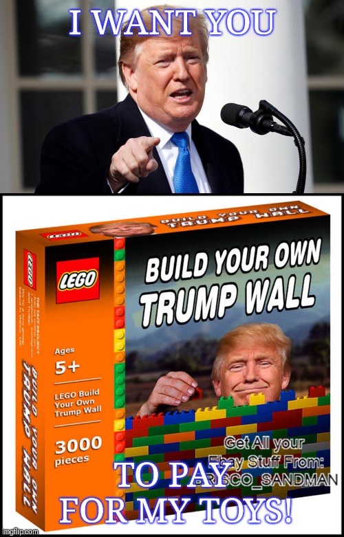 National Emergency;Little Donnie wants his TOY! | I WANT YOU; TO PAY FOR MY TOYS! | image tagged in politics,trumps wall | made w/ Imgflip meme maker