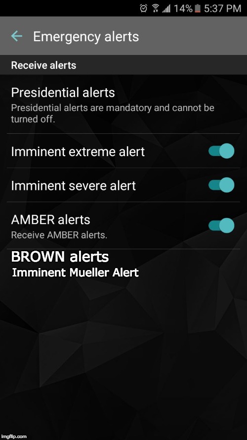 Brown Alert | BROWN alerts; Imminent Mueller Alert | image tagged in trump alert,meme,memes,mueller | made w/ Imgflip meme maker