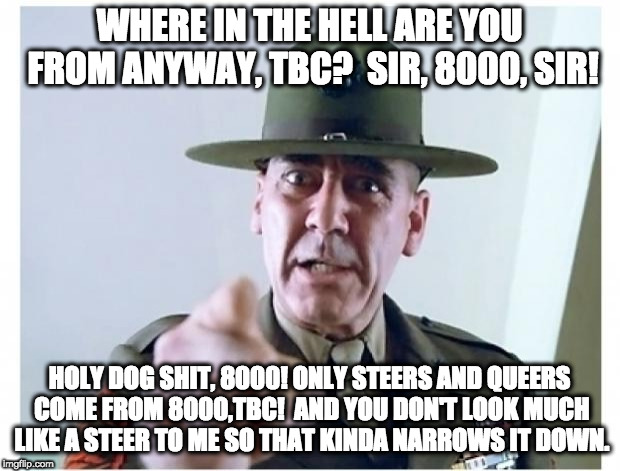 Full metal jacket | WHERE IN THE HELL ARE YOU FROM ANYWAY, TBC?  SIR, 8000, SIR! HOLY DOG SHIT, 8000! ONLY STEERS AND QUEERS COME FROM 8000,TBC!  AND YOU DON'T LOOK MUCH LIKE A STEER TO ME SO THAT KINDA NARROWS IT DOWN. | image tagged in full metal jacket | made w/ Imgflip meme maker