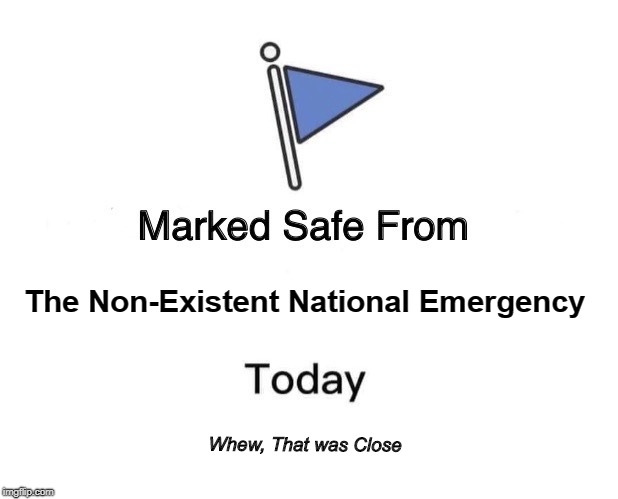 Marked Safe From Meme | The Non-Existent National Emergency; Whew, That was Close | image tagged in marked safe from facebook meme template | made w/ Imgflip meme maker