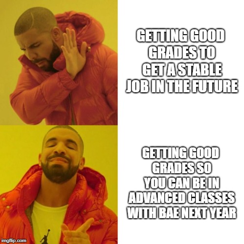 Drake Blank | GETTING GOOD GRADES TO GET A STABLE JOB IN THE FUTURE; GETTING GOOD GRADES SO YOU CAN BE IN ADVANCED CLASSES WITH BAE NEXT YEAR | image tagged in drake blank | made w/ Imgflip meme maker