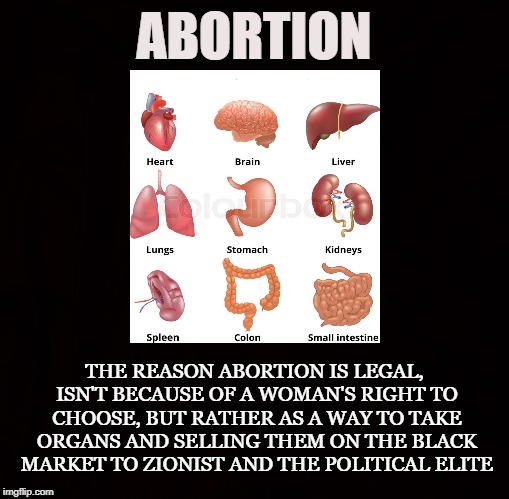 Organ Thieves  | ABORTION; THE REASON ABORTION IS LEGAL, ISN'T BECAUSE OF A WOMAN'S RIGHT TO CHOOSE, BUT RATHER AS A WAY TO TAKE ORGANS AND SELLING THEM ON THE BLACK MARKET TO ZIONIST AND THE POLITICAL ELITE | image tagged in abortion,organ,abortionist,zionist,political elite,rowe vs wade | made w/ Imgflip meme maker