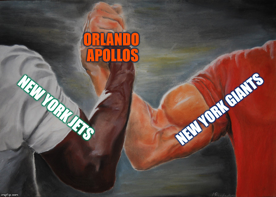 Giants + Jets = Orlando Apollos | ORLANDO APOLLOS; NEW YORK GIANTS; NEW YORK JETS | image tagged in epic handshake,aaf,football,alliance of american football,nfl | made w/ Imgflip meme maker