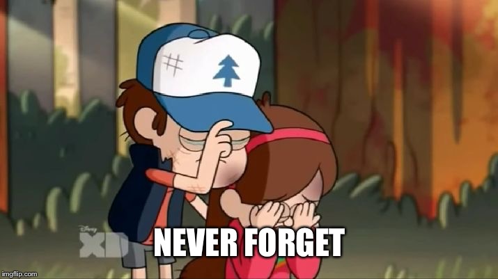 Gravity Falls: Dipper and Mabel sorrowful | NEVER FORGET | image tagged in gravity falls dipper and mabel sorrowful | made w/ Imgflip meme maker