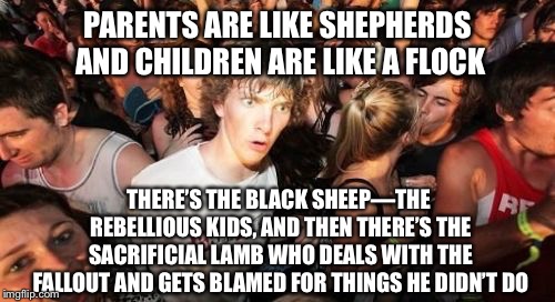 Sudden Clarity Clarence Meme | PARENTS ARE LIKE SHEPHERDS AND CHILDREN ARE LIKE A FLOCK; THERE’S THE BLACK SHEEP—THE REBELLIOUS KIDS, AND THEN THERE’S THE SACRIFICIAL LAMB WHO DEALS WITH THE FALLOUT AND GETS BLAMED FOR THINGS HE DIDN’T DO | image tagged in memes,sudden clarity clarence | made w/ Imgflip meme maker