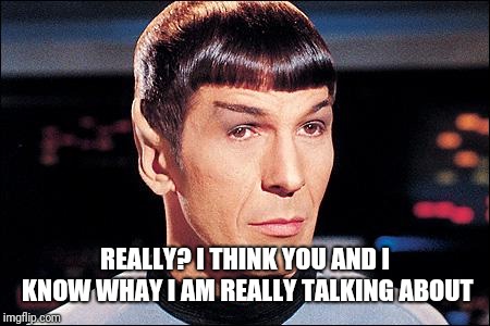 Condescending Spock | REALLY? I THINK YOU AND I KNOW WHAY I AM REALLY TALKING ABOUT | image tagged in condescending spock | made w/ Imgflip meme maker