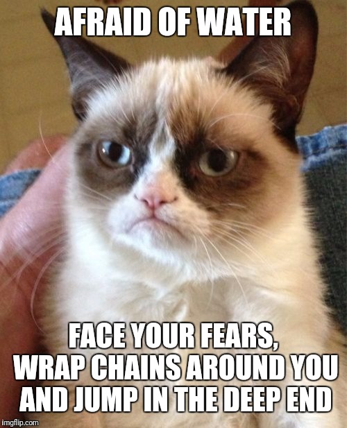 Grumpy Cat | AFRAID OF WATER; FACE YOUR FEARS, WRAP CHAINS AROUND YOU AND JUMP IN THE DEEP END | image tagged in memes,grumpy cat,water,swimming pool,chain,afraid | made w/ Imgflip meme maker