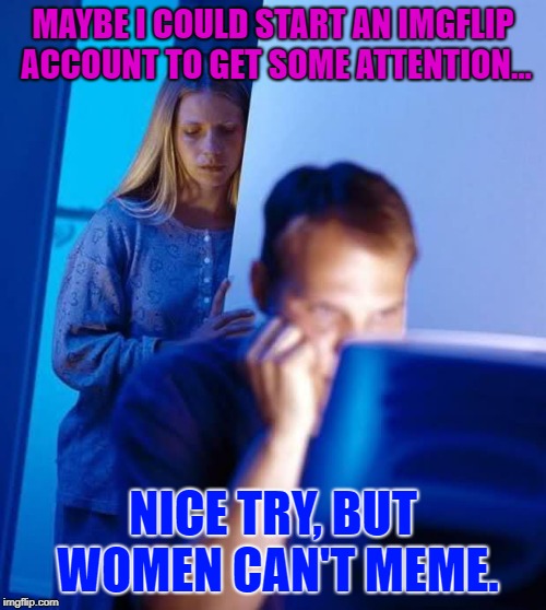 Rude. | MAYBE I COULD START AN IMGFLIP ACCOUNT TO GET SOME ATTENTION... NICE TRY, BUT WOMEN CAN'T MEME. | image tagged in internet husband | made w/ Imgflip meme maker