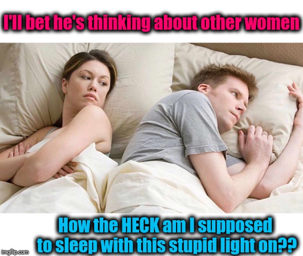Really now, she should turn the light out so he can sleep! | I'll bet he's thinking about other women; How the HECK am I supposed to sleep with this stupid light on?? | image tagged in i bet he's thinking about other women | made w/ Imgflip meme maker