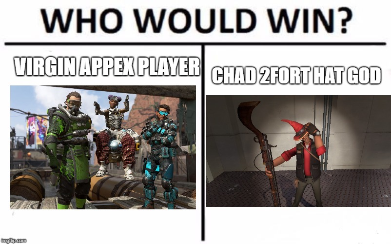 is there even a choice? | VIRGIN APPEX PLAYER; CHAD 2FORT HAT GOD | image tagged in memes,who would win | made w/ Imgflip meme maker