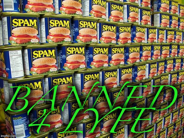 Spam, Delicous | BANNED 4 LYFE | image tagged in spam delicous | made w/ Imgflip meme maker