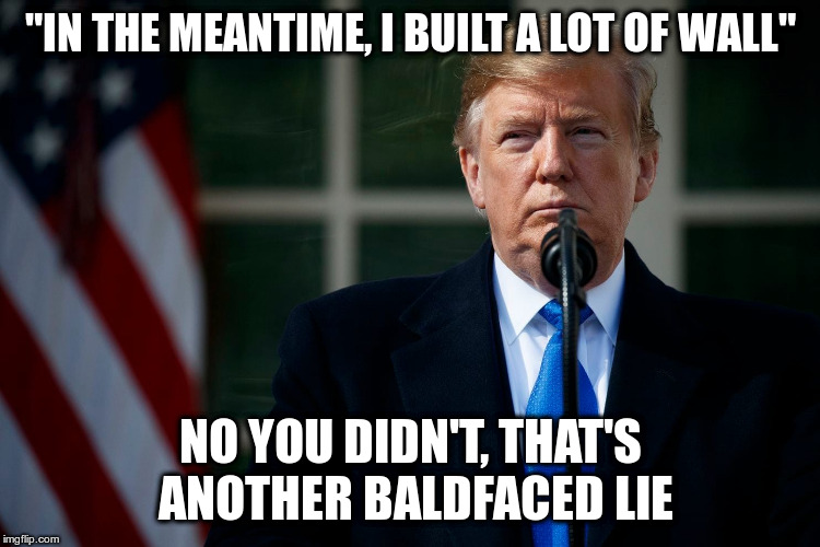 Fantasy versus Facts | "IN THE MEANTIME, I BUILT A LOT OF WALL"; NO YOU DIDN'T, THAT'S ANOTHER BALDFACED LIE | image tagged in trump,liar,humor,border wall,evidence,facts | made w/ Imgflip meme maker