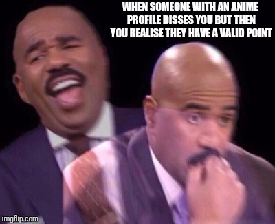 Steve Harvey Laughing Serious | WHEN SOMEONE WITH AN ANIME PROFILE DISSES YOU BUT THEN YOU REALISE THEY HAVE A VALID POINT | image tagged in steve harvey laughing serious | made w/ Imgflip meme maker