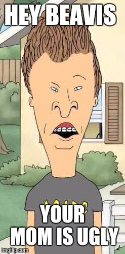 Butthead | HEY BEAVIS YOUR MOM IS UGLY | image tagged in butthead | made w/ Imgflip meme maker